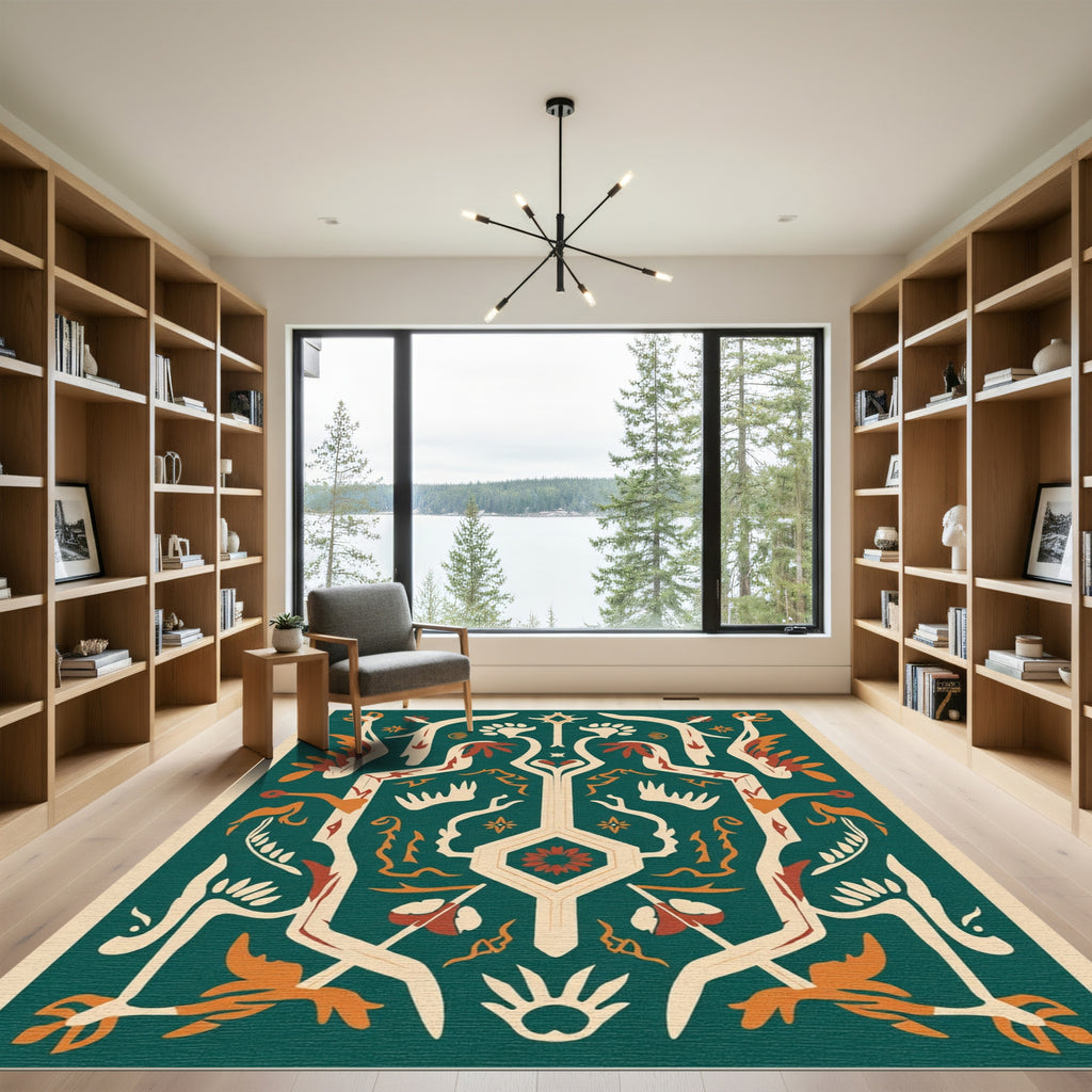 Teal Orange Abstract Tribal Floral Rug