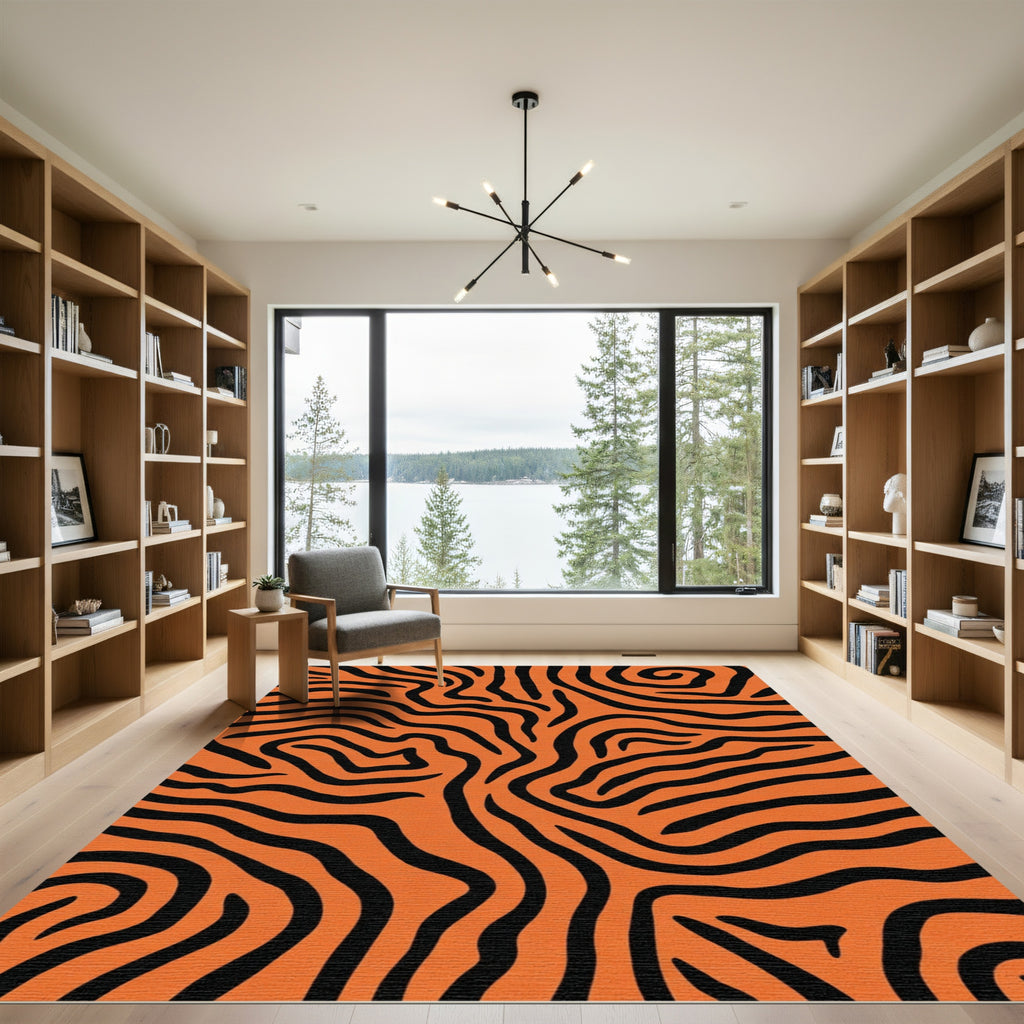 Bold Orange Black Stripe Wave Rug