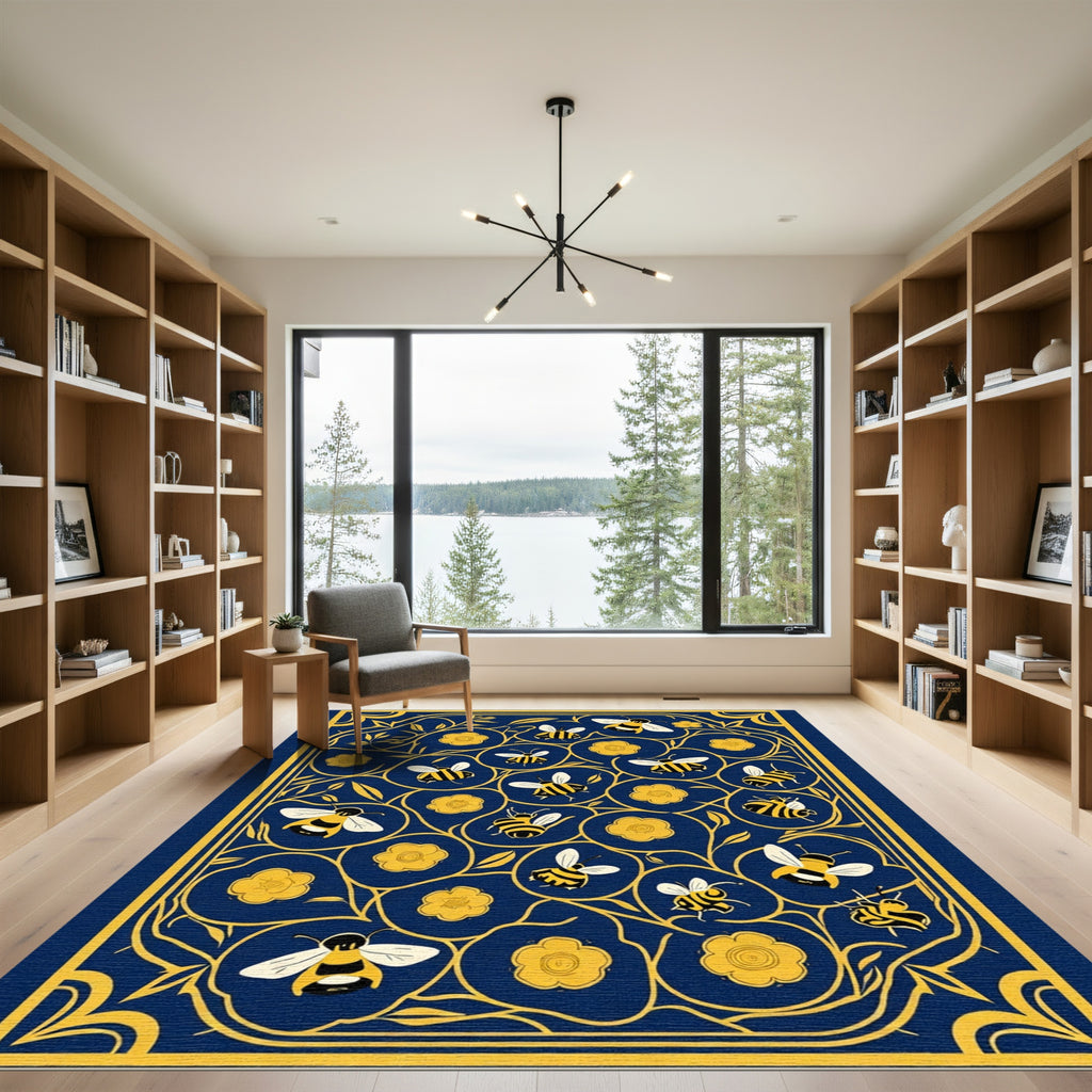 Naval Blue Yellow Bee Floral Meadow Rug