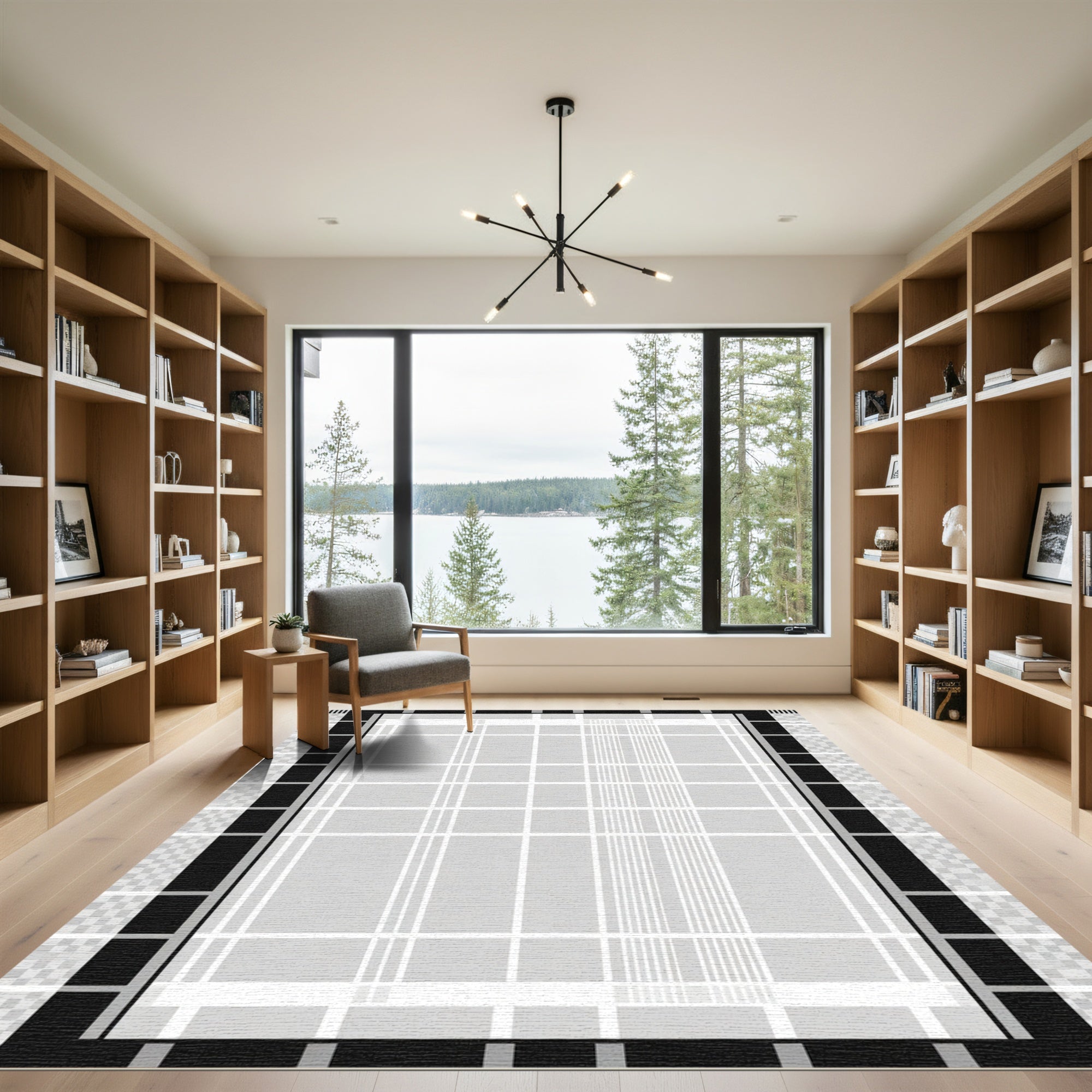 Modern Grid Black White Plaid Rug