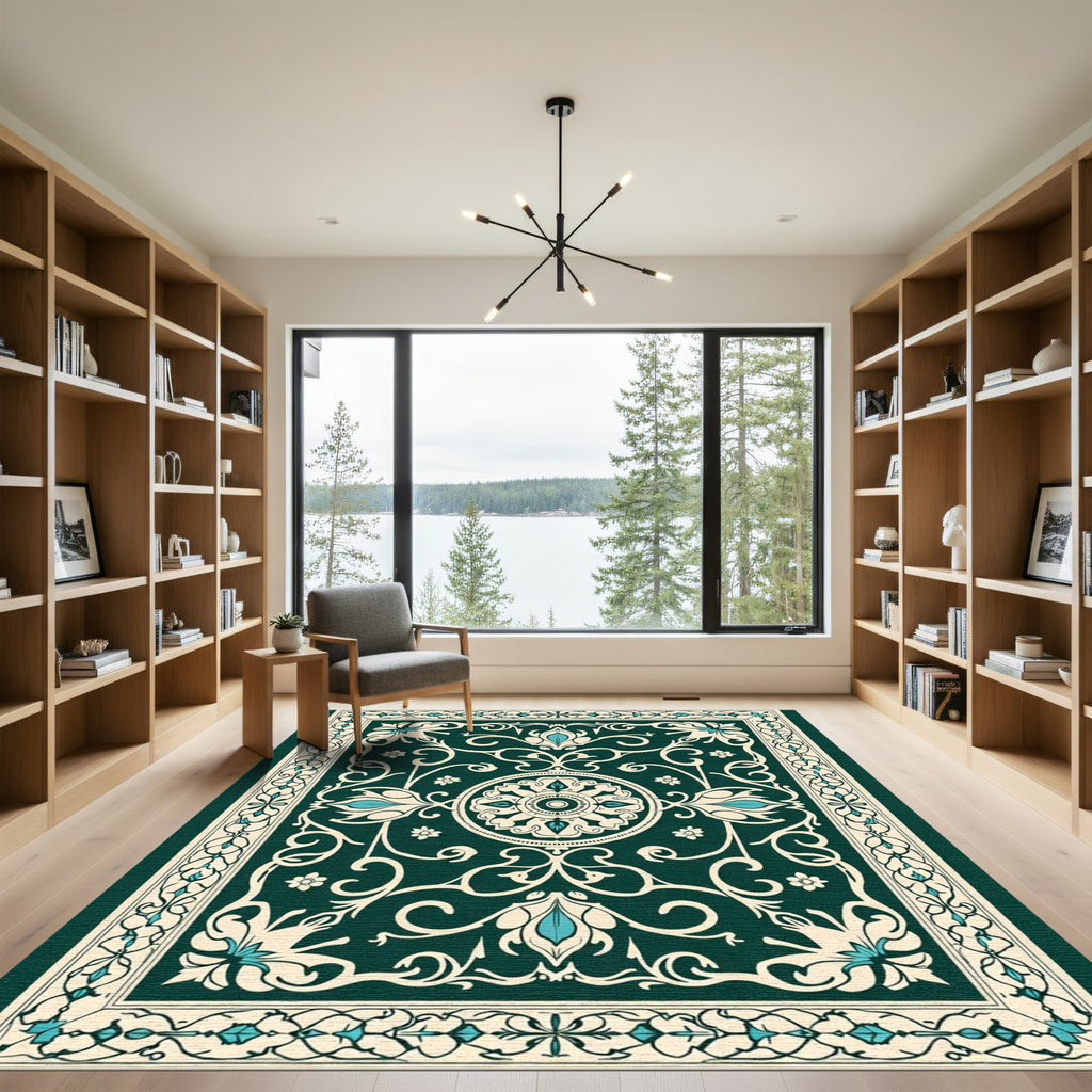 Deep Teal Floral Arabesque Scroll Rug
