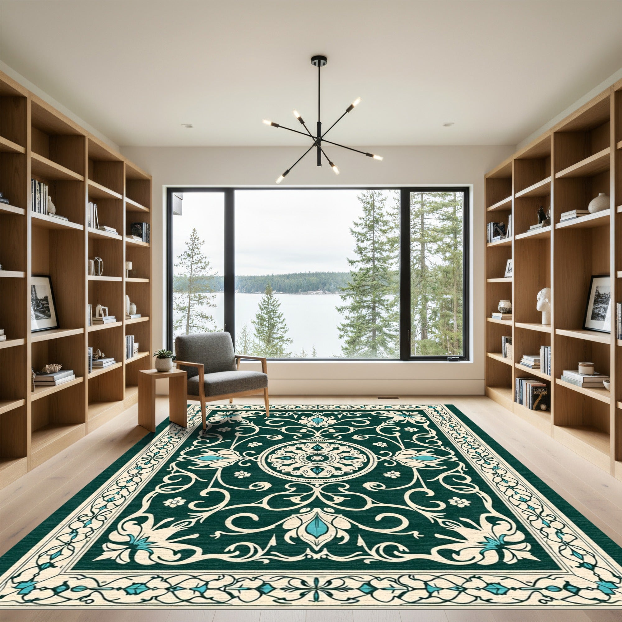 Deep Teal Floral Arabesque Scroll Rug