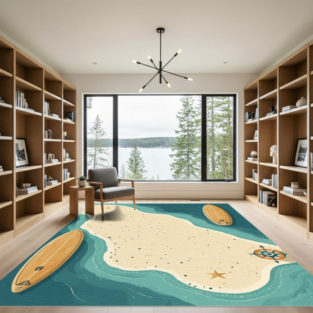 Coastal Island Surfboard Nautical Compass Rug
