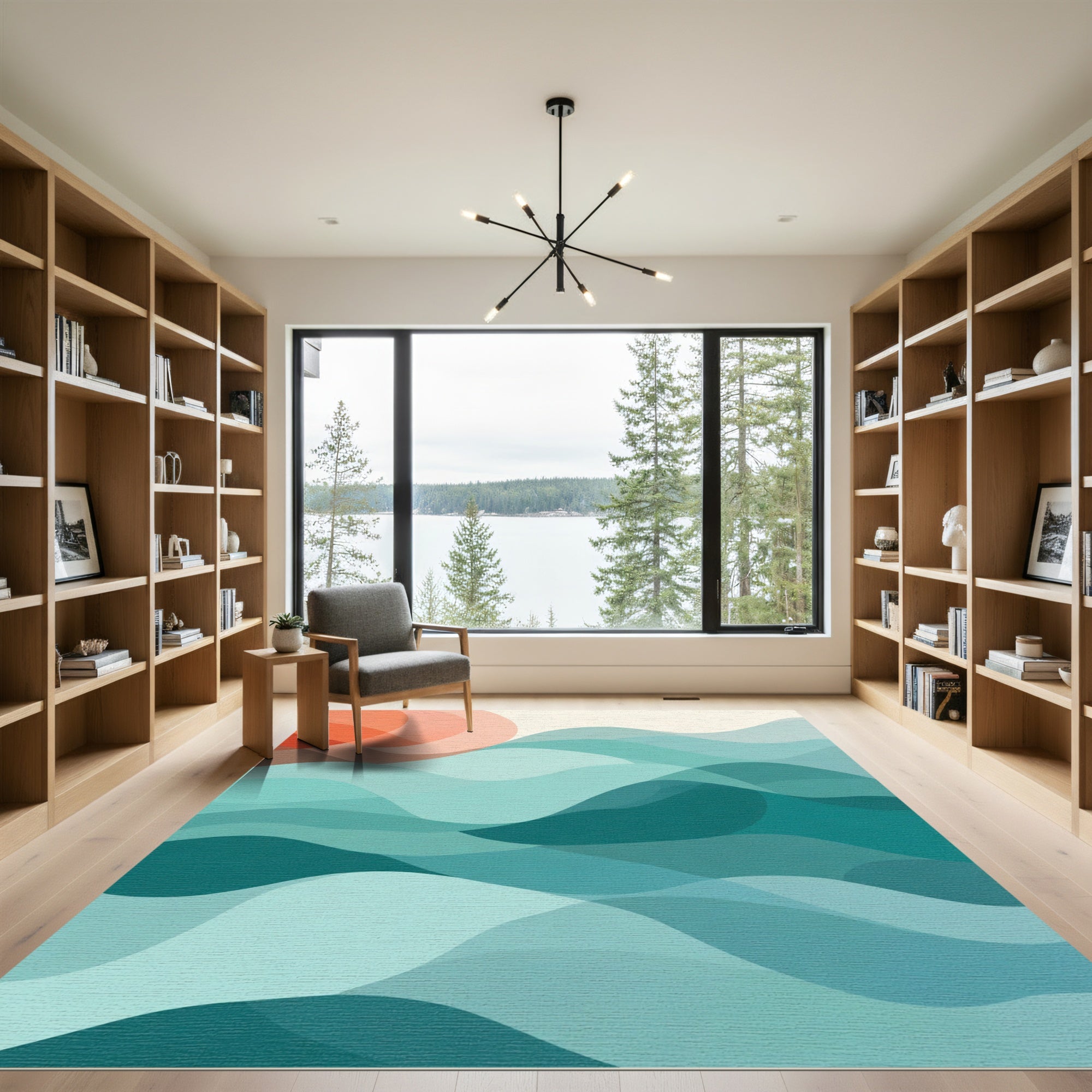 Crimson Sun Over Teal Wave Layers Rug
