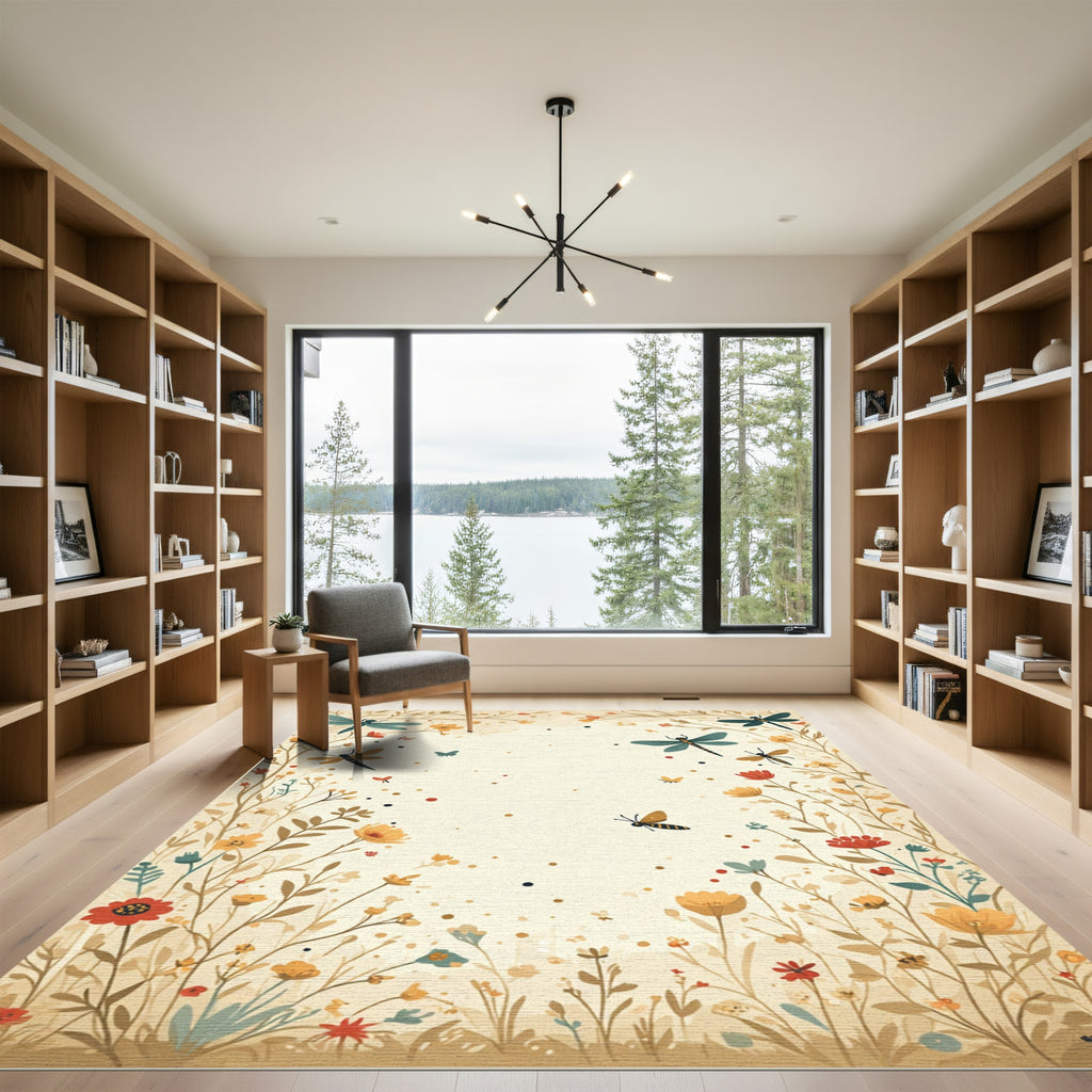 Golden Meadow Dragonfly Floral Landscape Rug