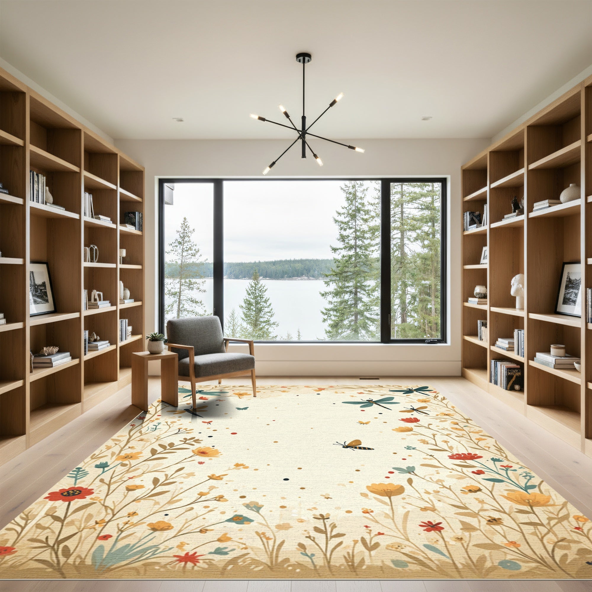 Golden Meadow Dragonfly Floral Landscape Rug