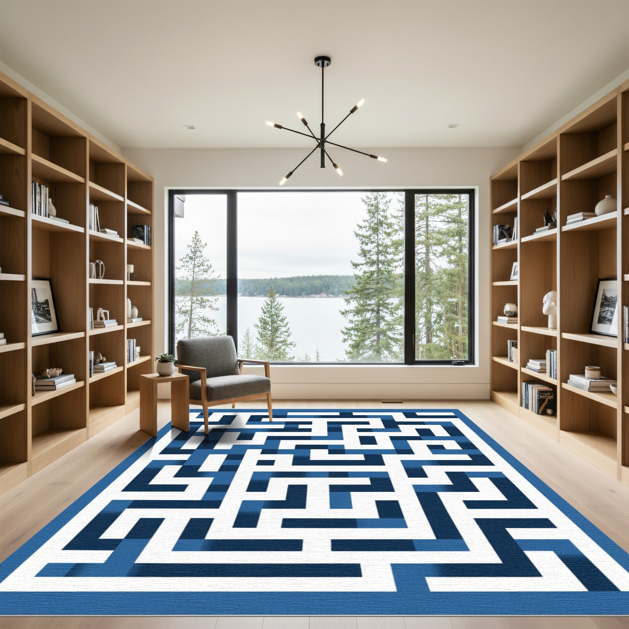 Blue White Geometric Maze Rug