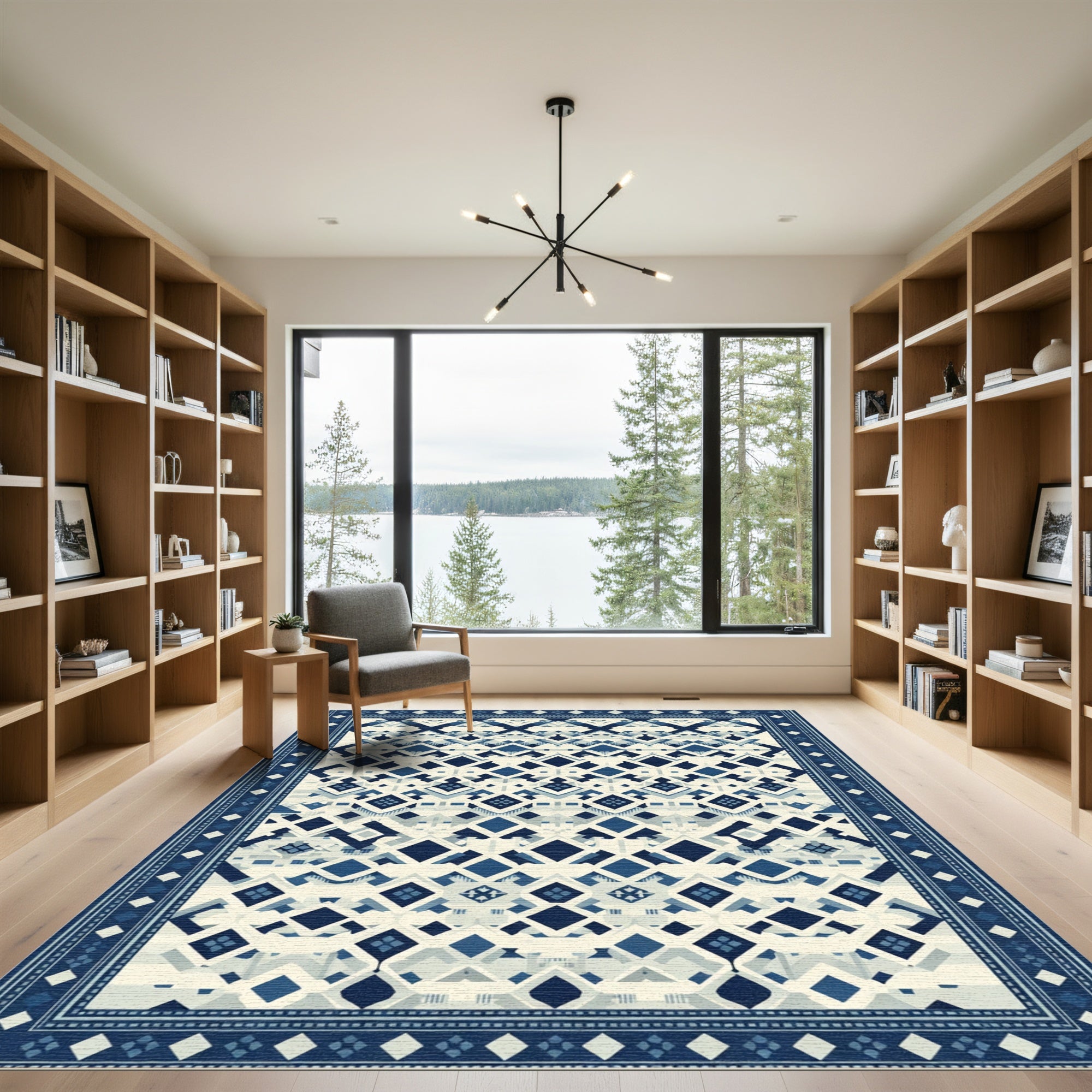 Navy Blue White Diamond Geometric Rug