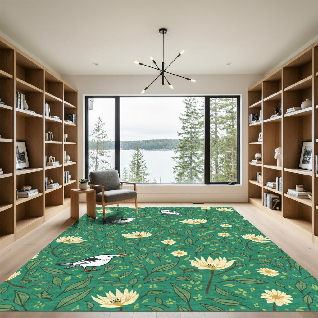 Green Cream Bird and Flower Meadow Rug