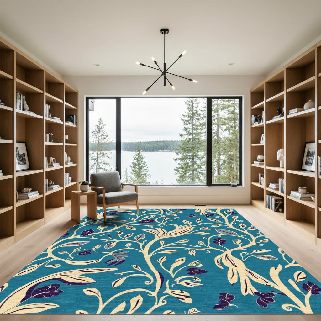 Turquoise Ivory Floral Vine Swirls Rug