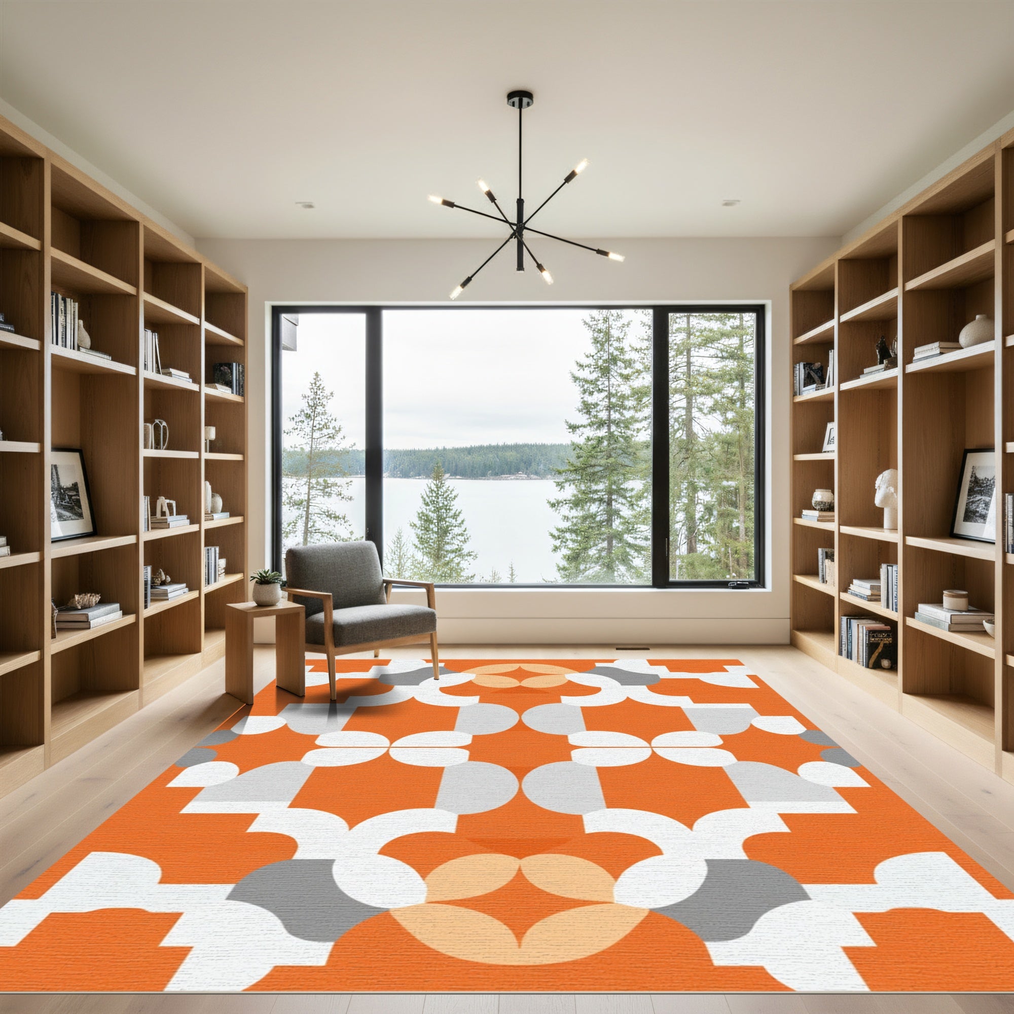 Orange White Geometric Mid Century Rug