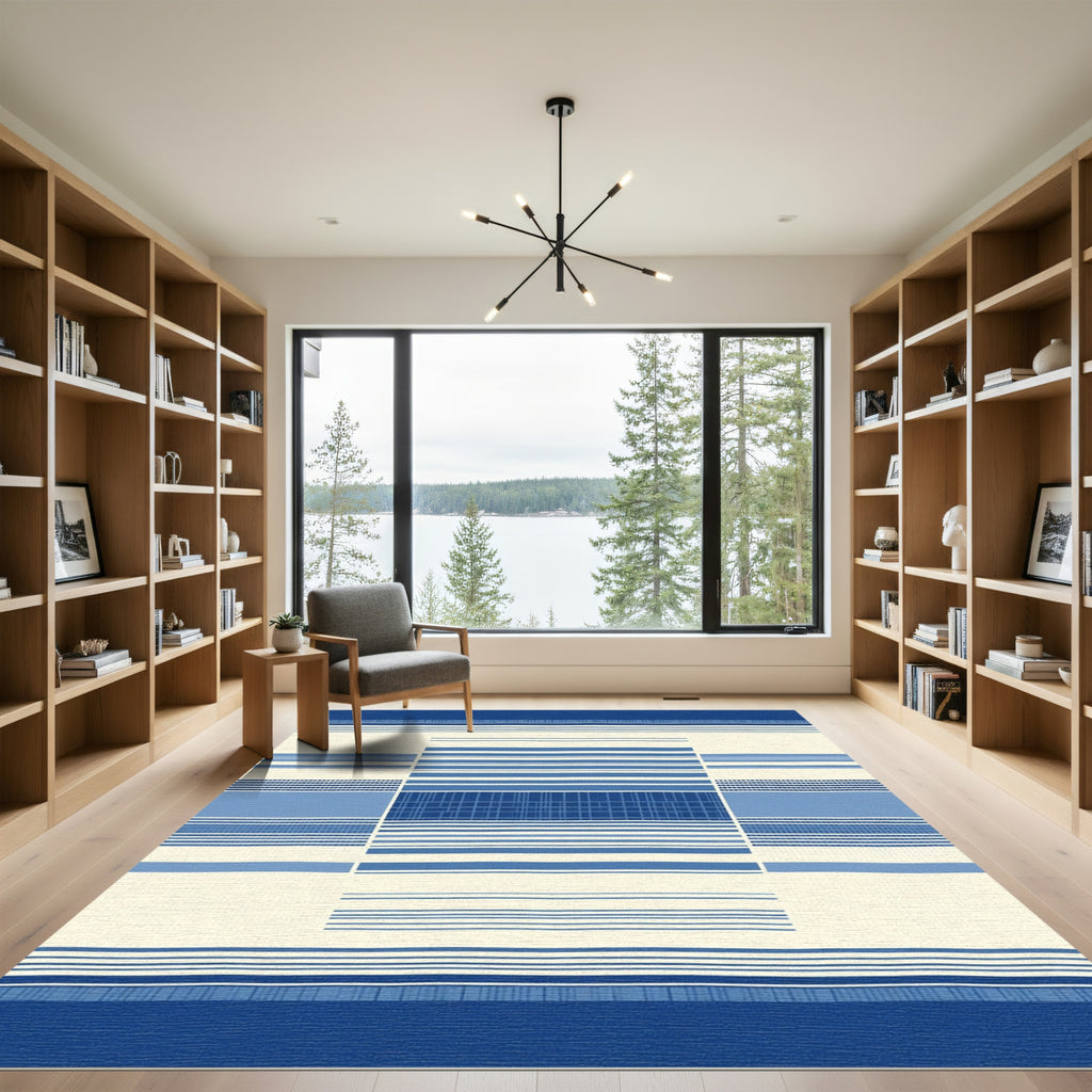 Navy White Blue Geometric Stripe Composition Rug