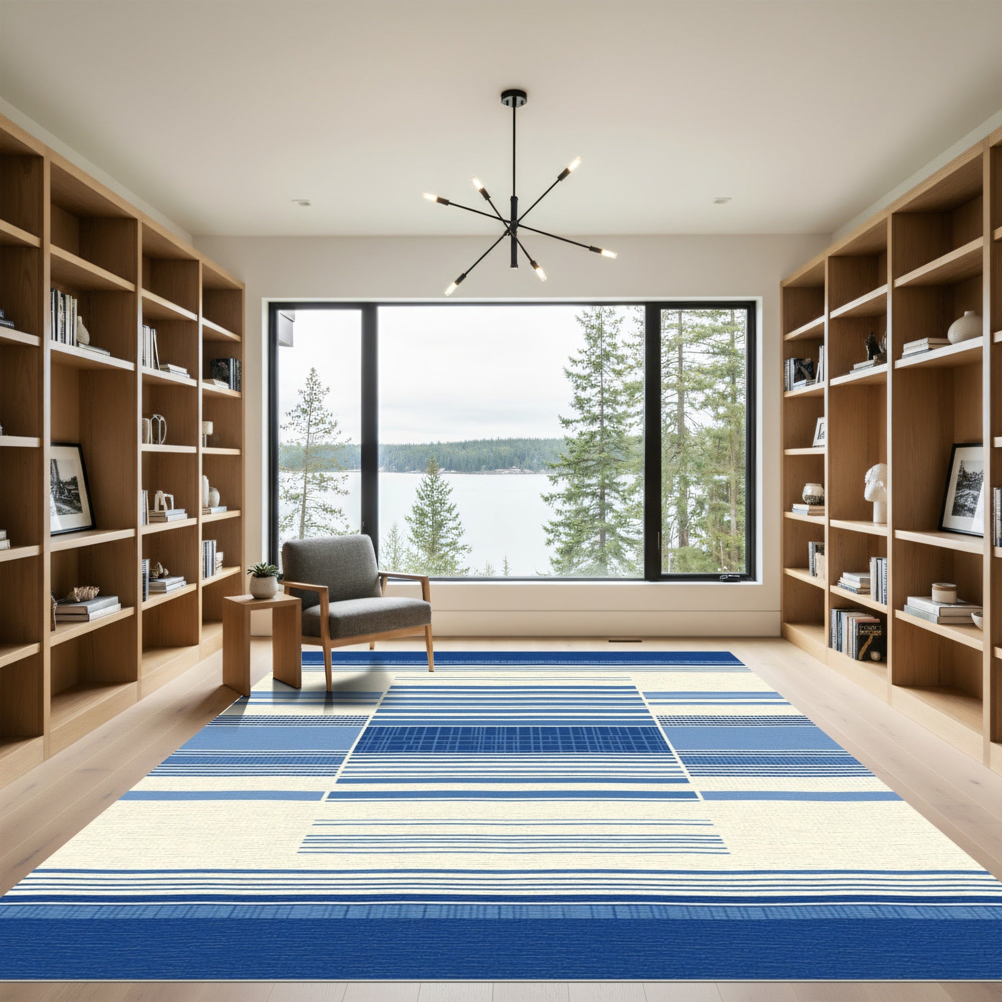 Navy White Blue Geometric Stripe Composition Rug