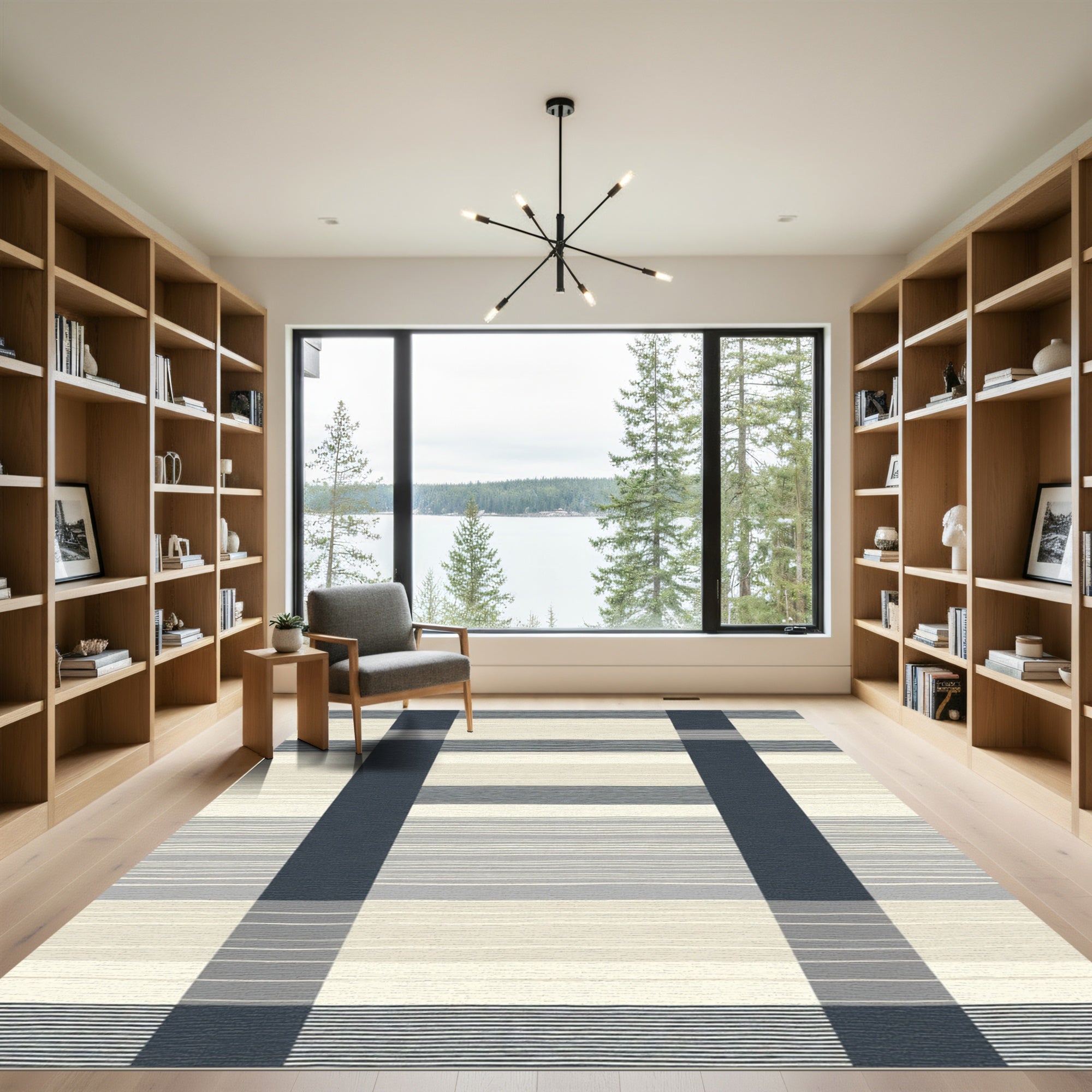 Navy Cream Gray Stripe Rug