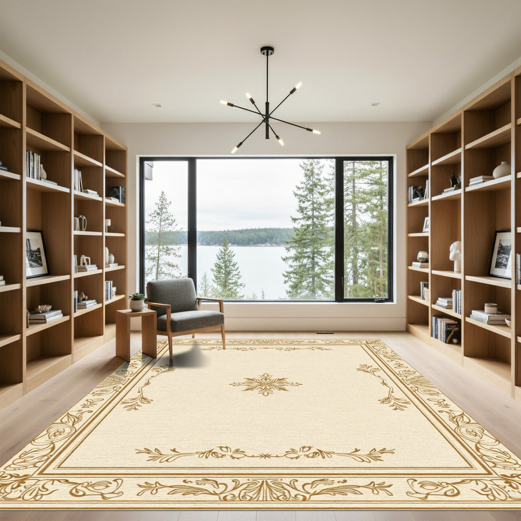 Cream Gold Ornate Floral Frame Rug