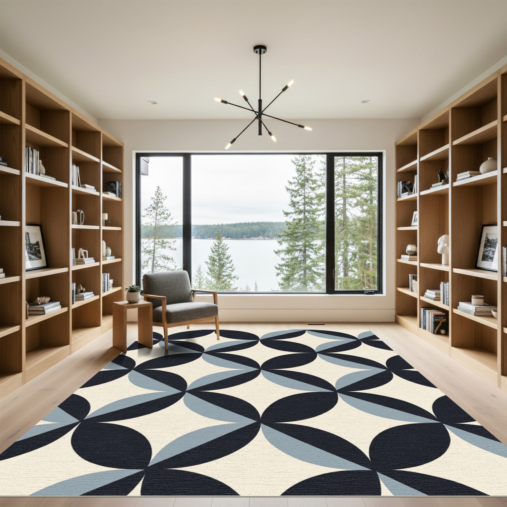 Retro Blue Interlocking Petal Geometric Rug