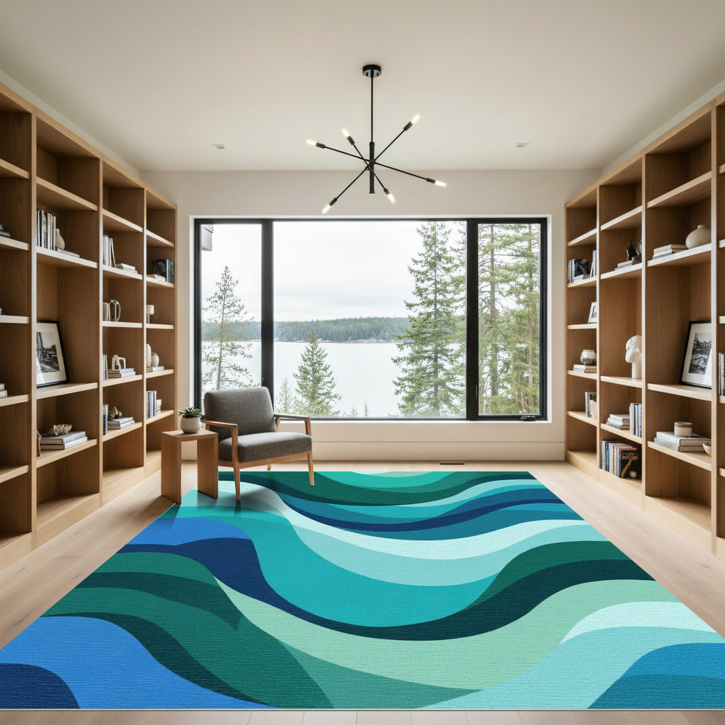 Teal And Blue Abstract Wave Rug