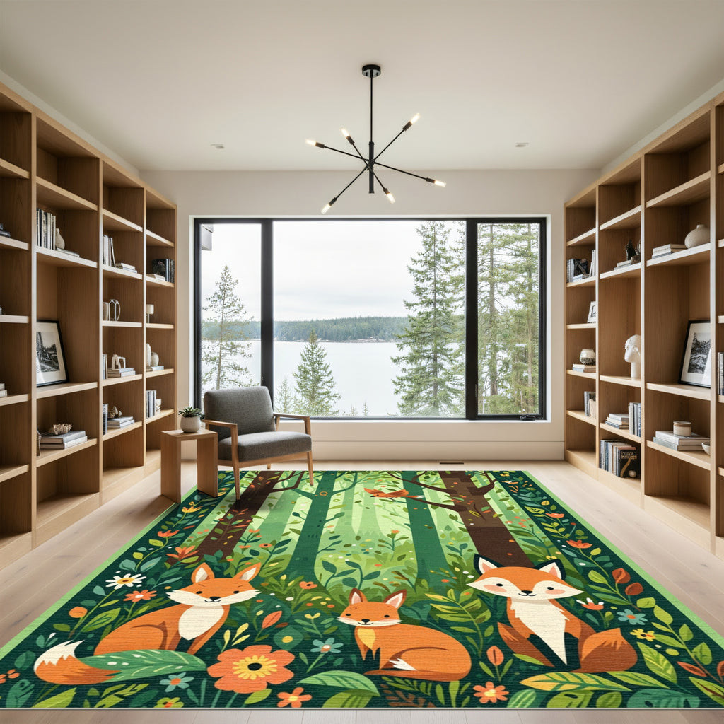 Woodland Foxes And Birds Forest Scene Rug