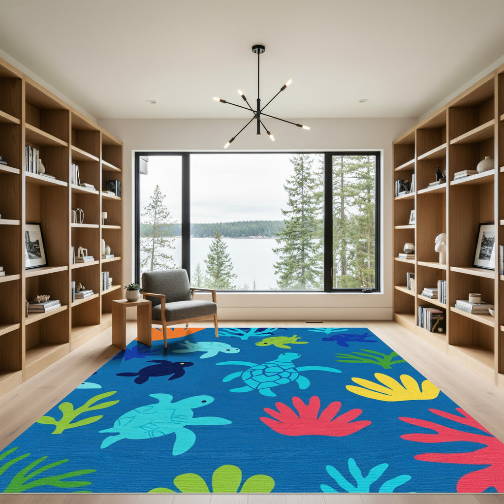 Sea Turtle Coral Reef Playful Aquatic Scene Rug