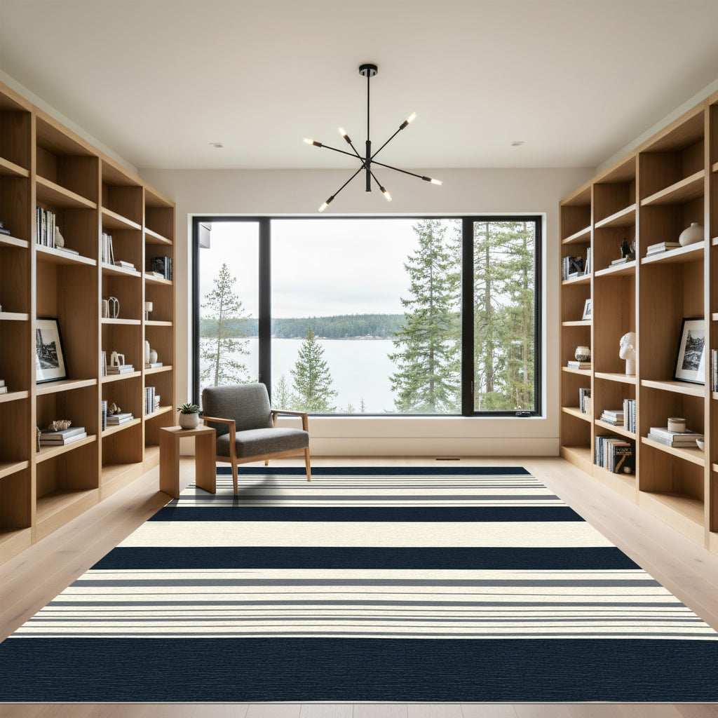 Navy Cream Thin Lined Stripe Rug