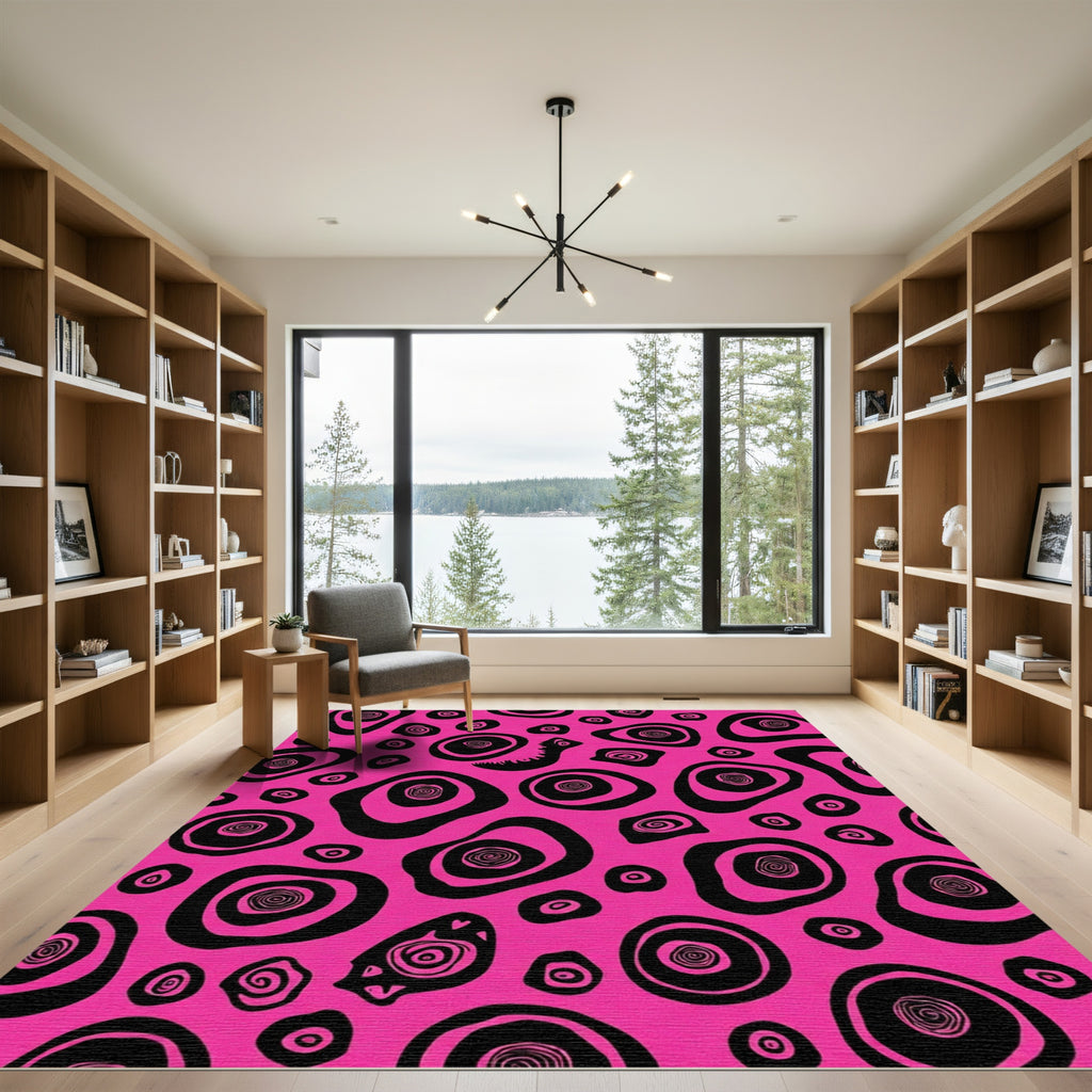 Vibrant Pink Black Abstract Organic Shapes Rug
