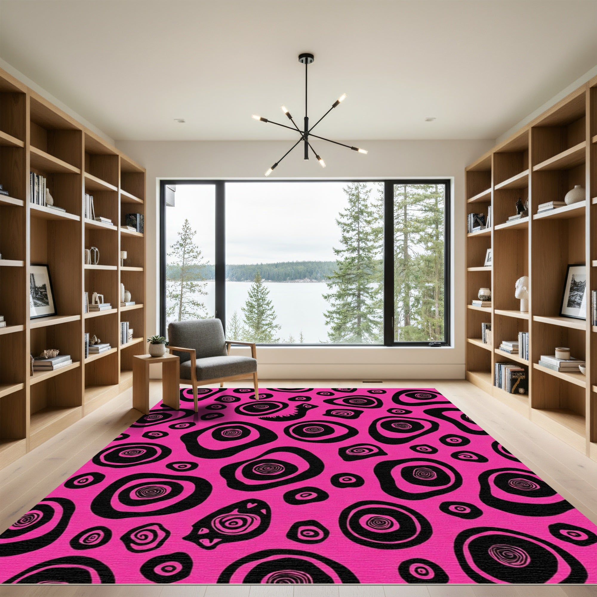 Vibrant Pink Black Abstract Organic Shapes Rug