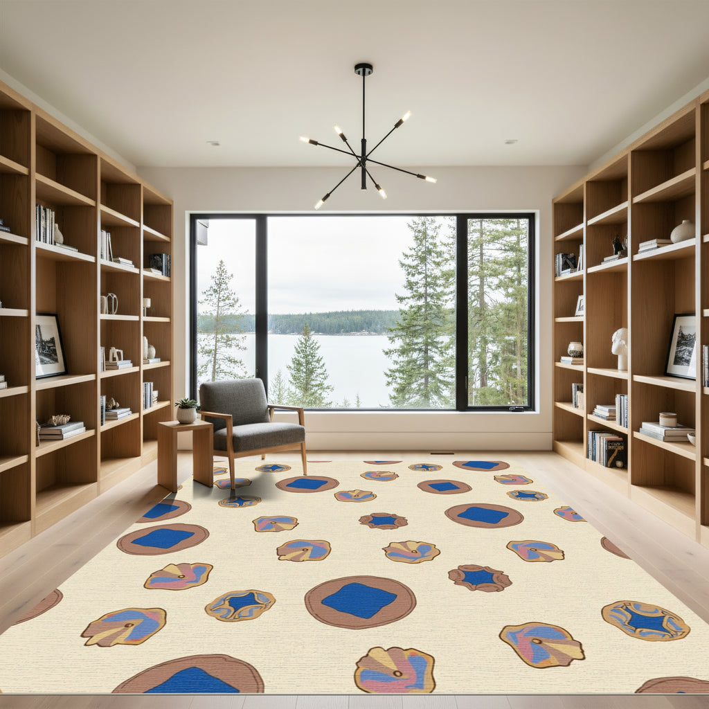 Cream Blue Abstract Floral Round Rug