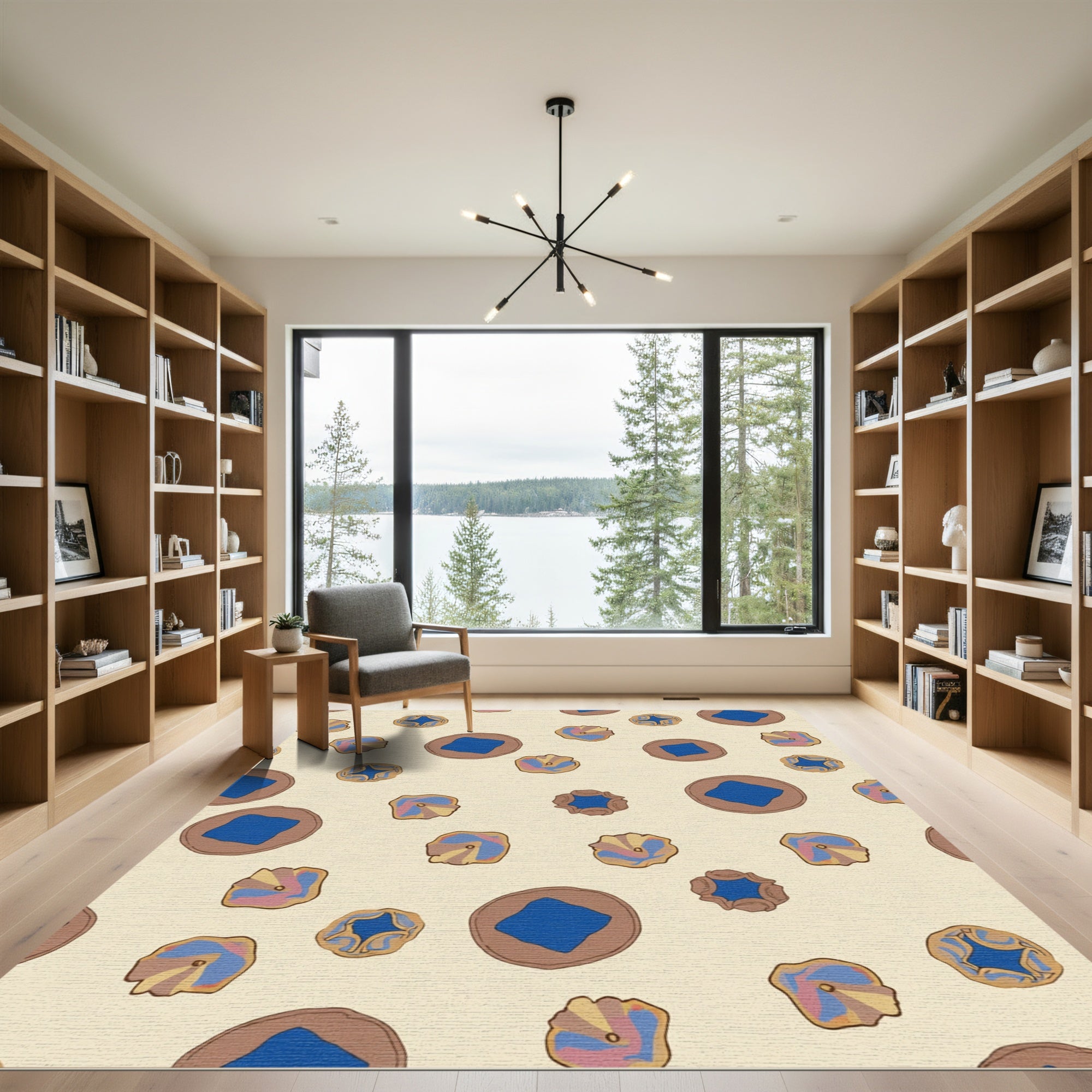 Cream Blue Abstract Floral Round Rug