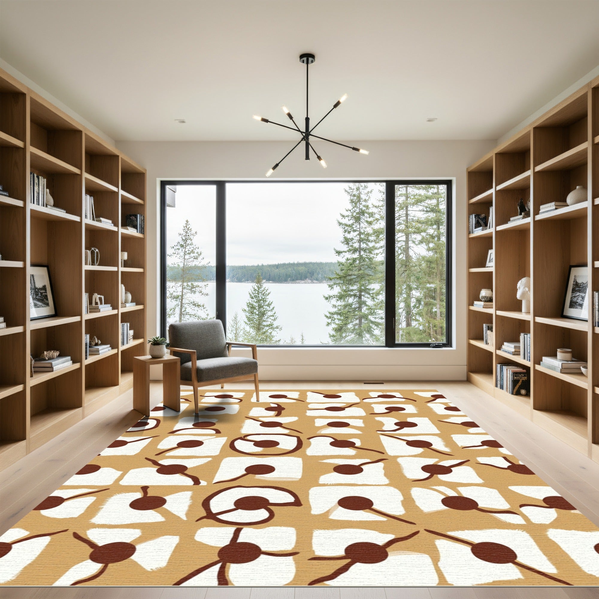 Brown and White Abstract Circles Rug