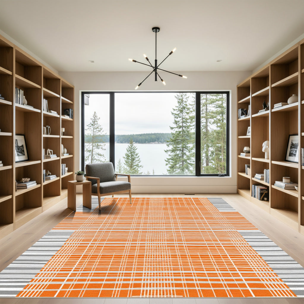 Orange Gray Checked Lines Rug