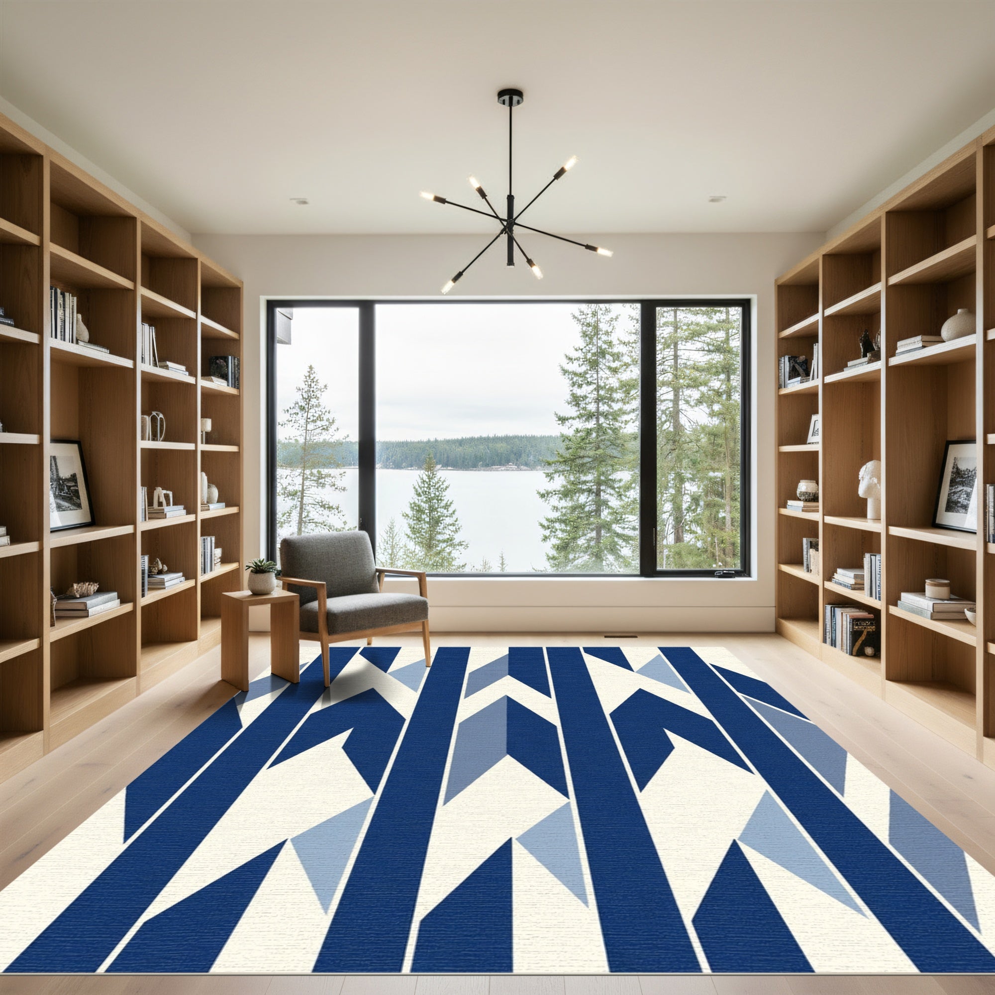 Deep Blue Geometric Interlocking Stripes Rug