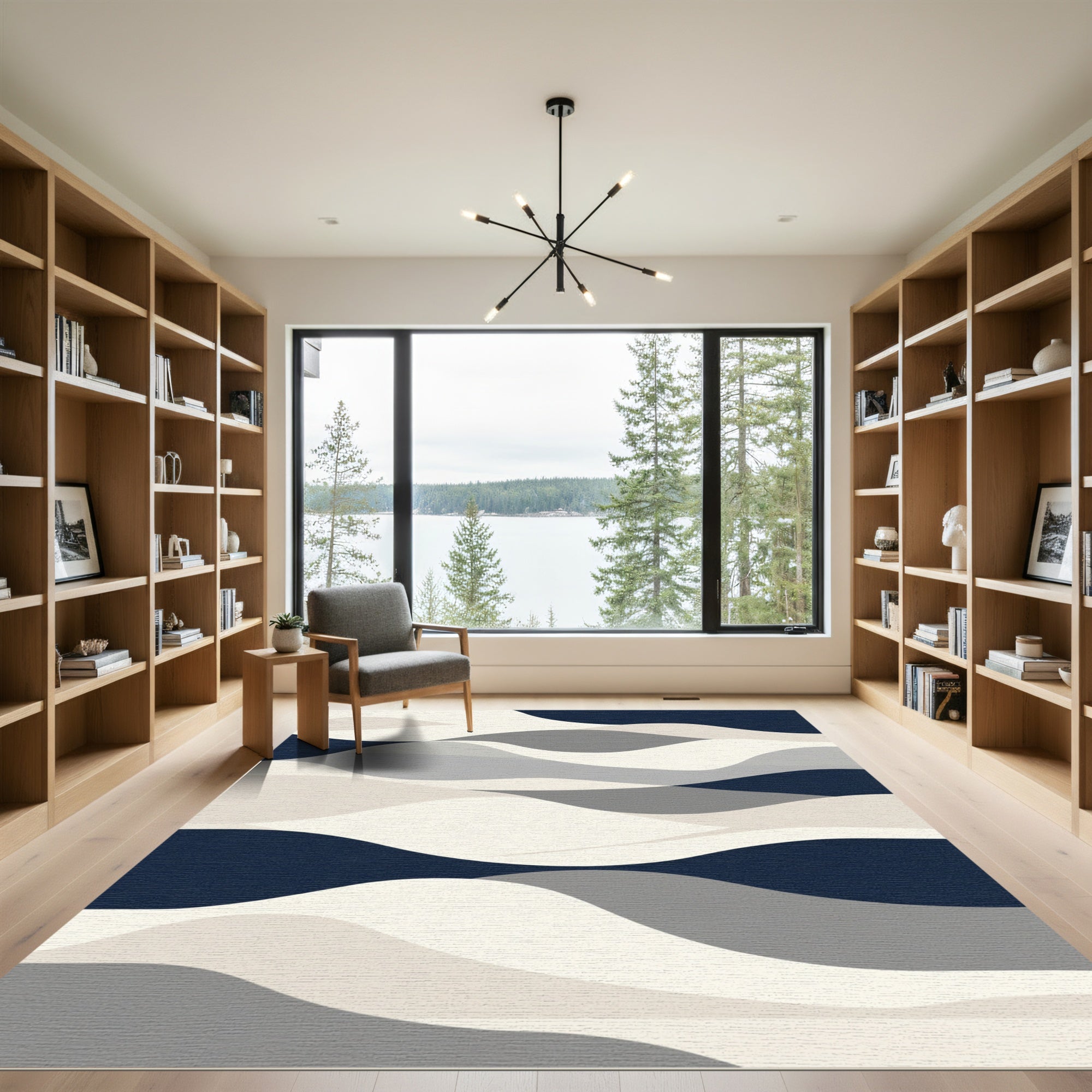 Modern Navy Gray Abstract Wave Rug