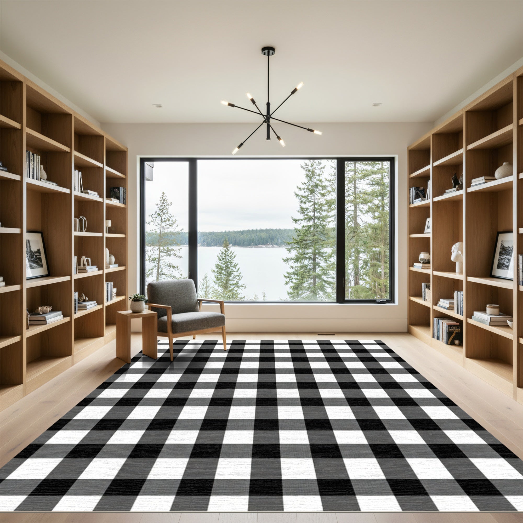 Classic Black White Gingham Lines Rug