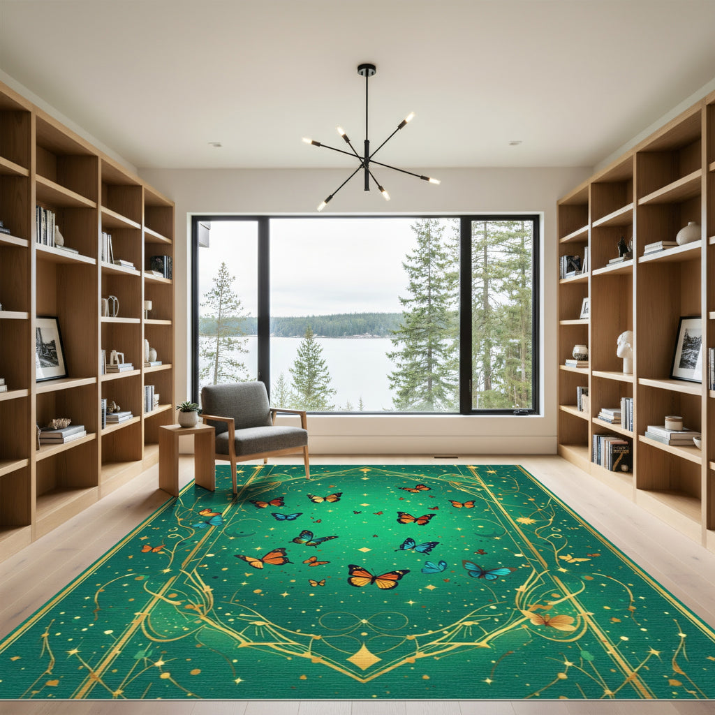 Enchanted Emerald Butterfly Garden Rug