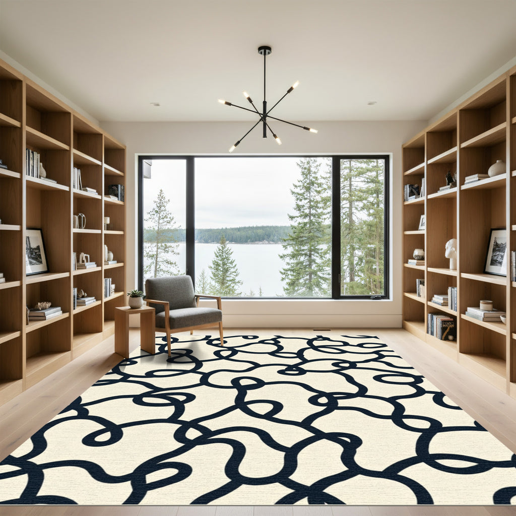 Cream Black Continuous Line Abstract Rug
