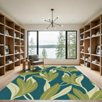 Teal Abstract Green Leaf Composition Rug