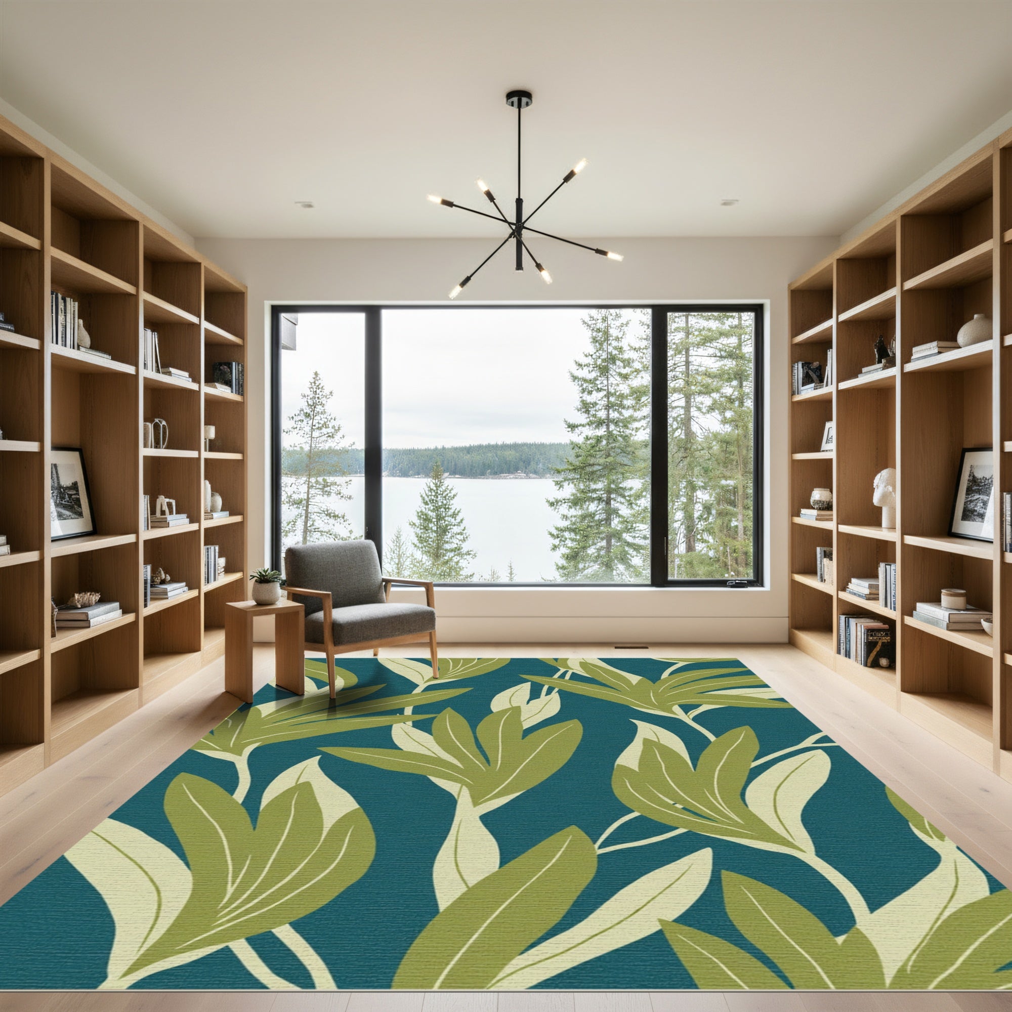 Teal Abstract Green Leaf Composition Rug