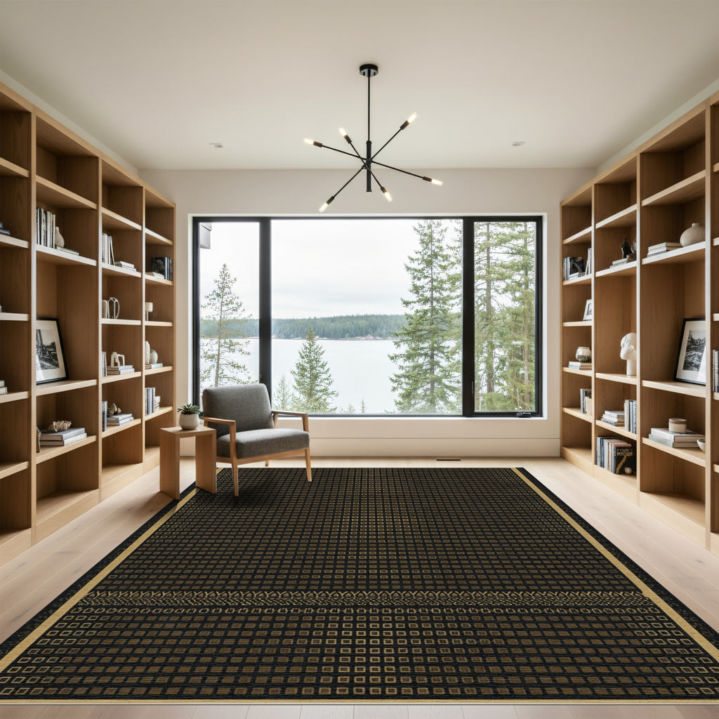 Gold Square Grid Border Rug