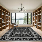 Black Ornate Scrollwork Border Rug