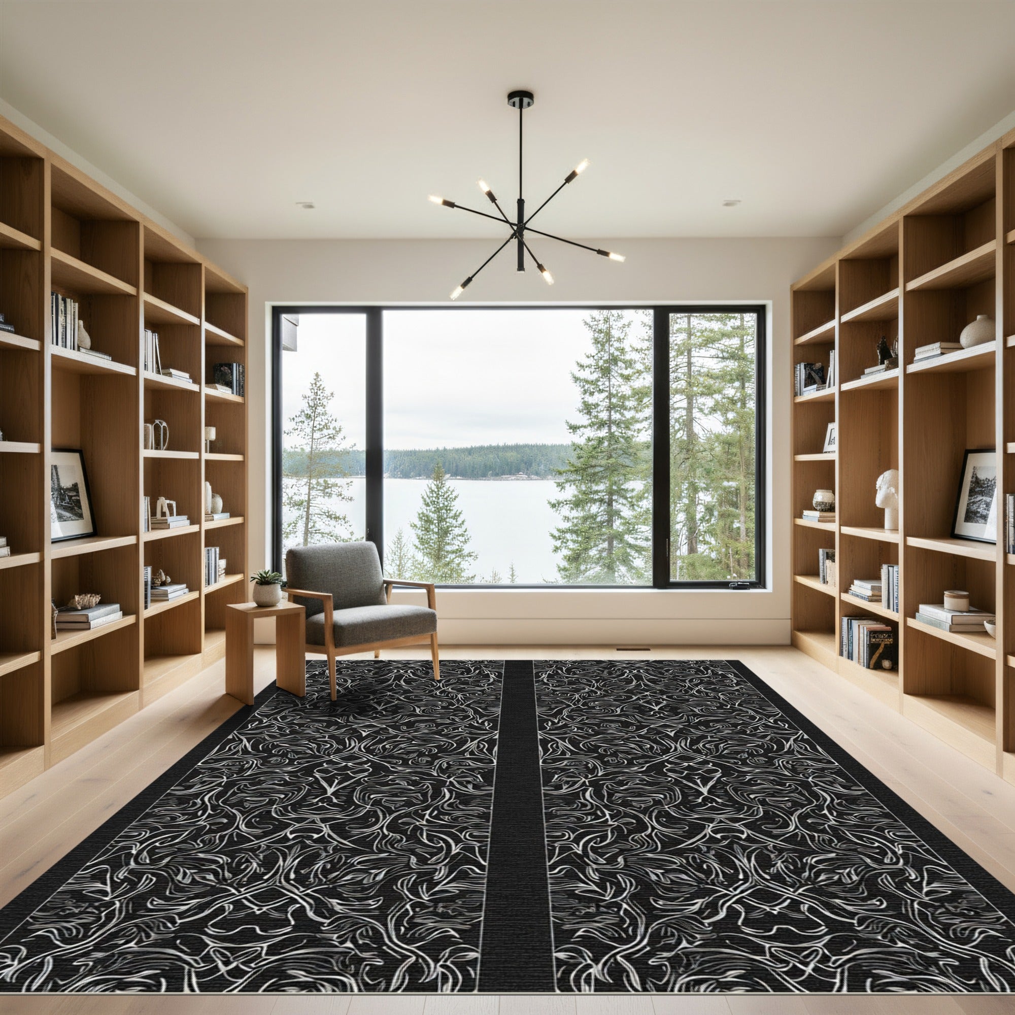Black White Ornate Scrollwork Arrangement Rug
