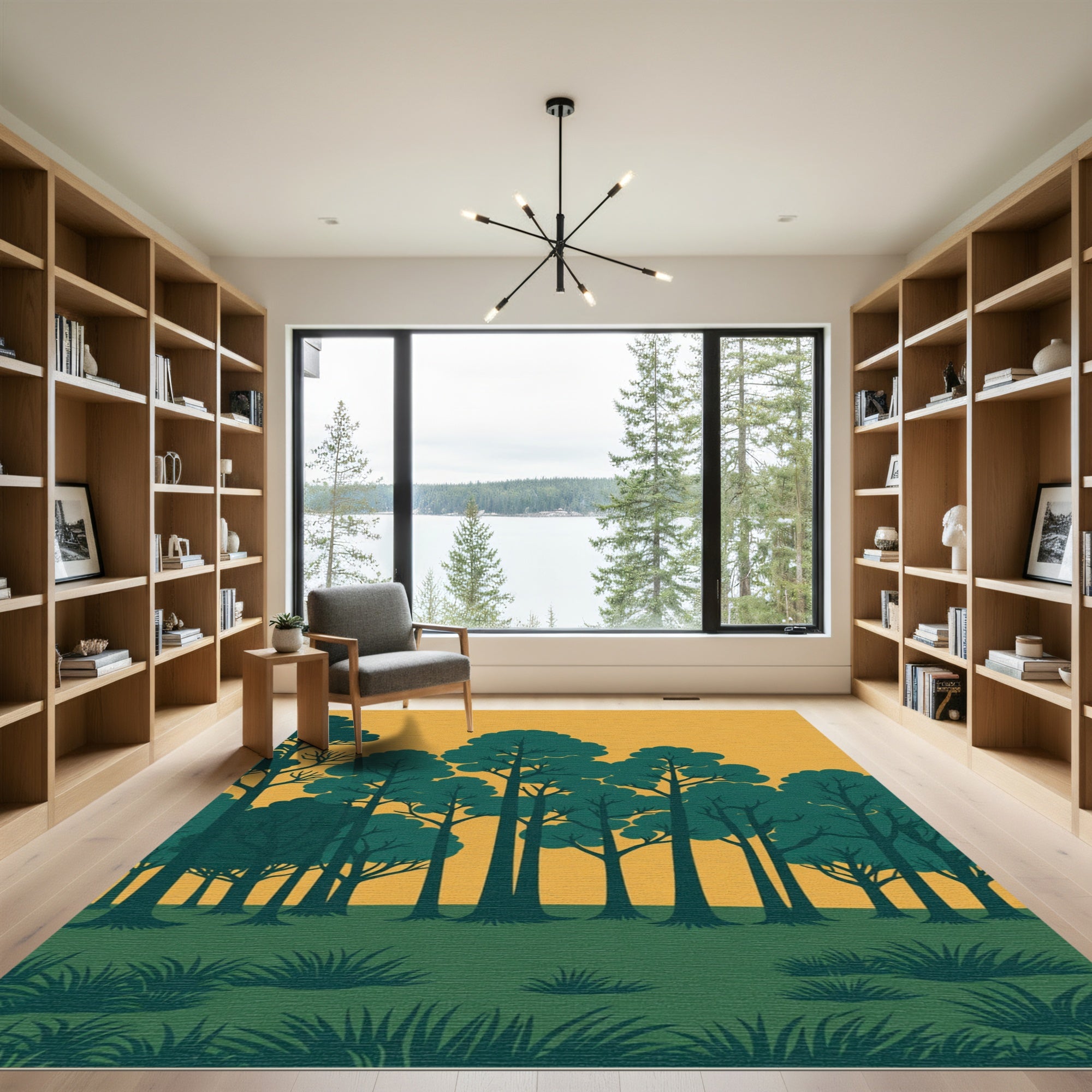 Teal Forest Trees Ochre Sky Landscape Rug