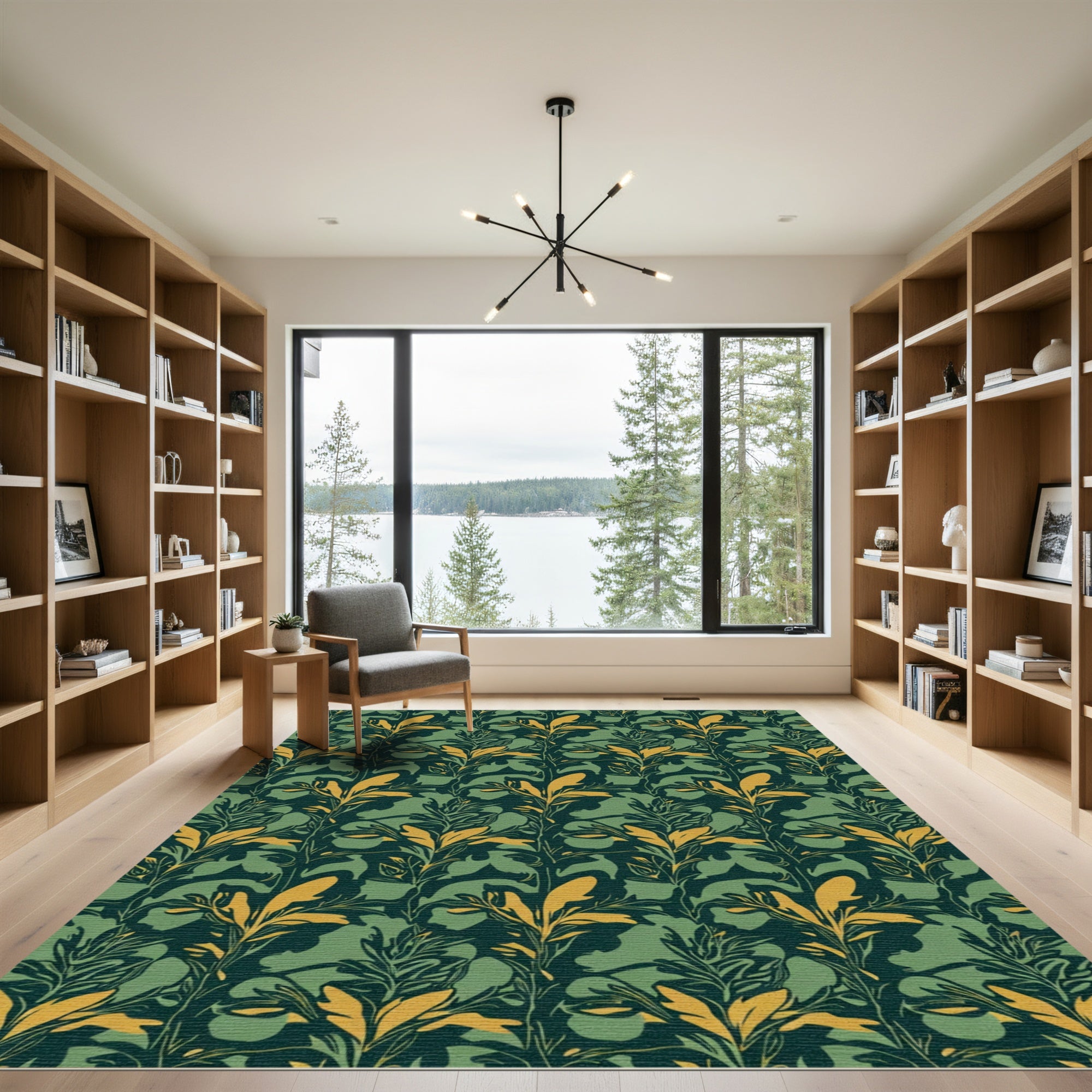 Dark Green Gold Leaf Botanical Rug