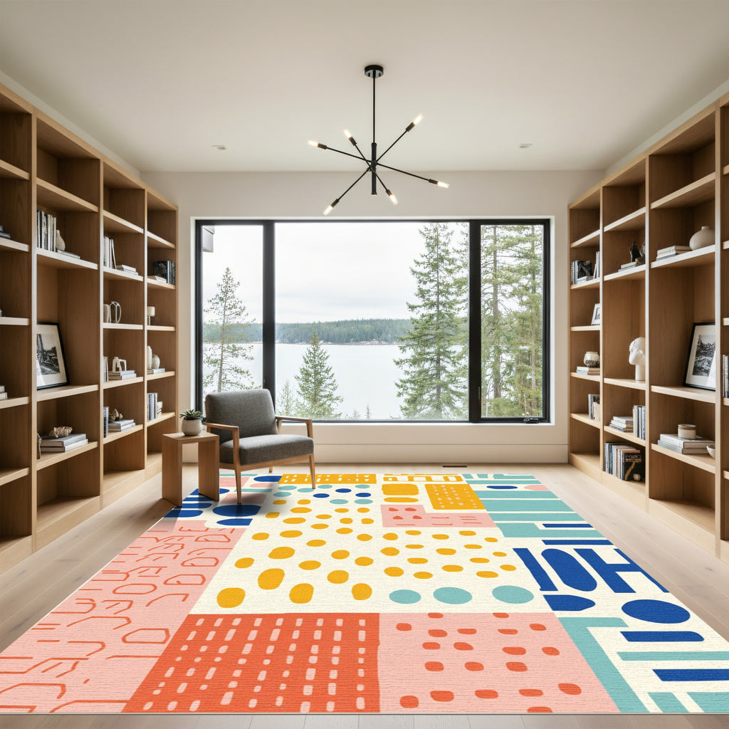 Modern Abstract Buildings Yellow Blue Pink Rug