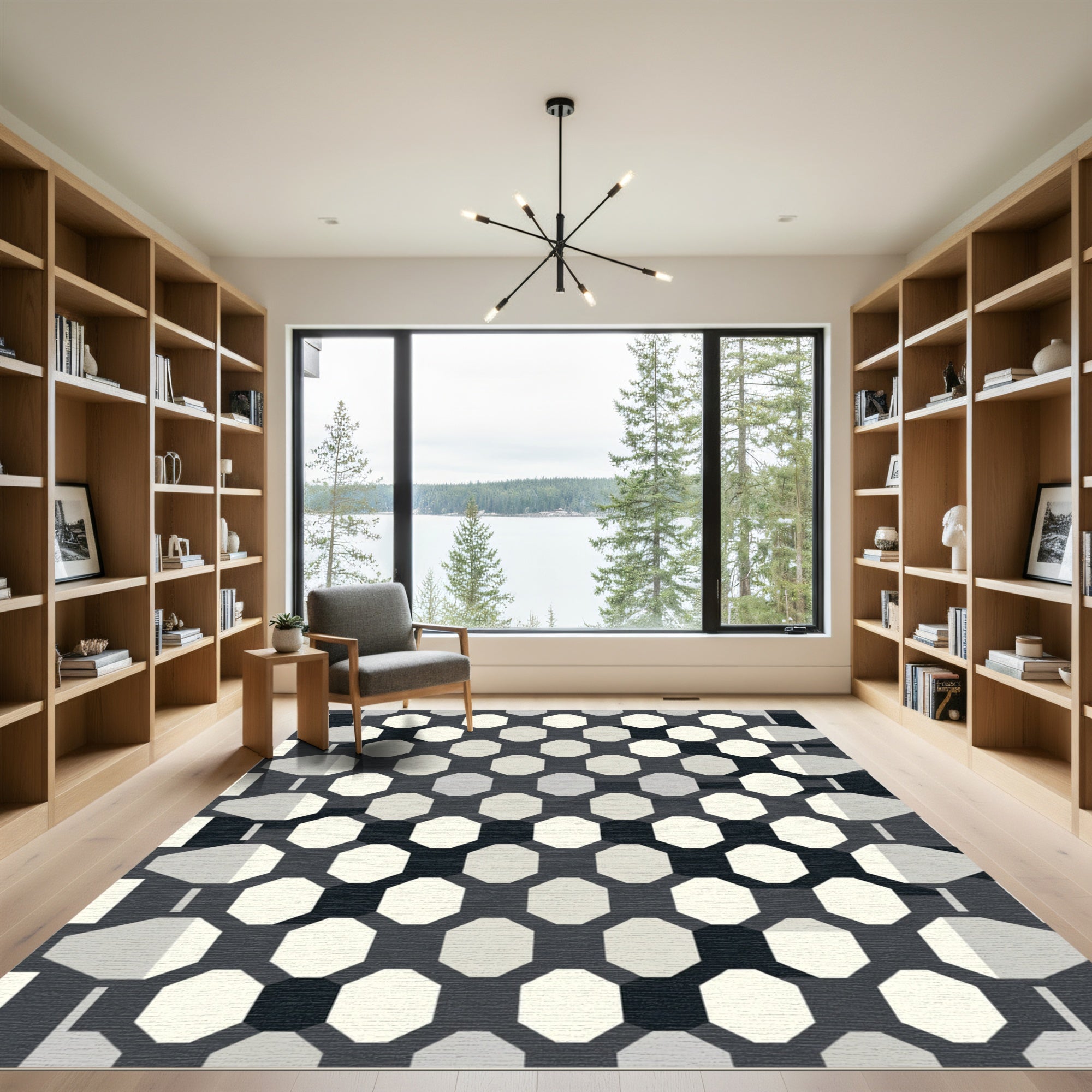 Monochromatic Geometric Octagon Arrangement Rug