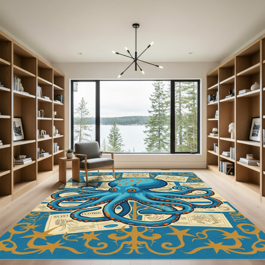 Blue Orange Polka Dot Octopus Collage Rug