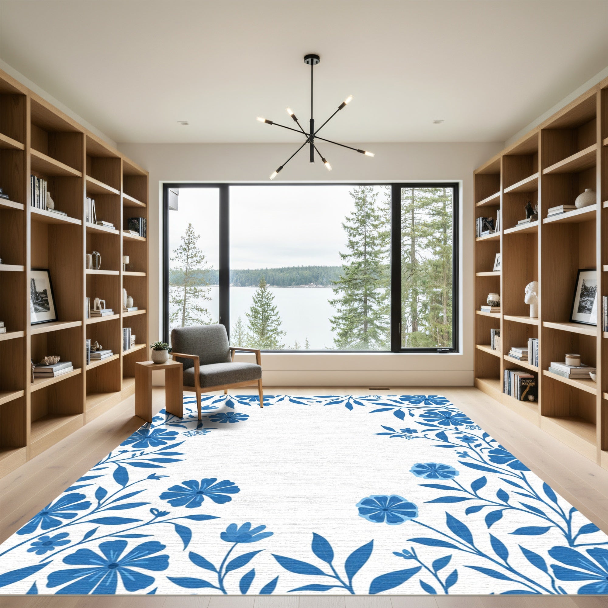 Classic Blue Floral Vine Border Rug