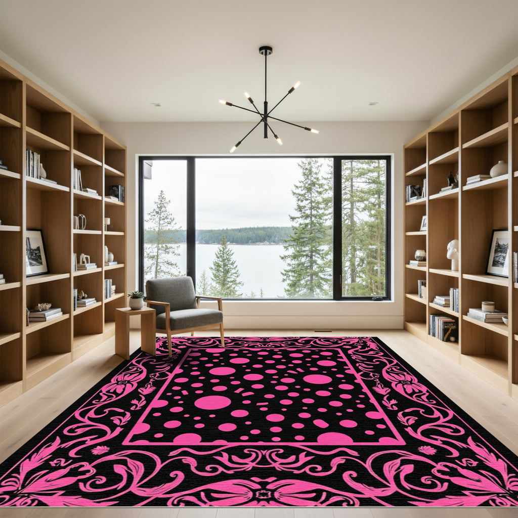Hot Pink Polka Dot Floral Border Rug