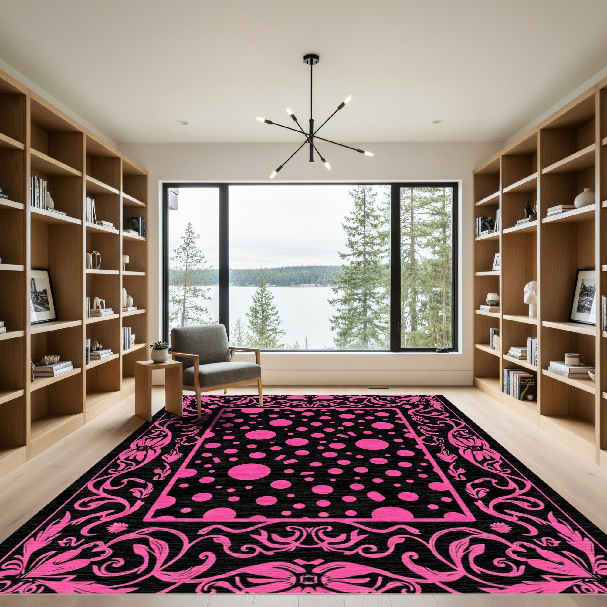 Hot Pink Polka Dot Floral Border Rug