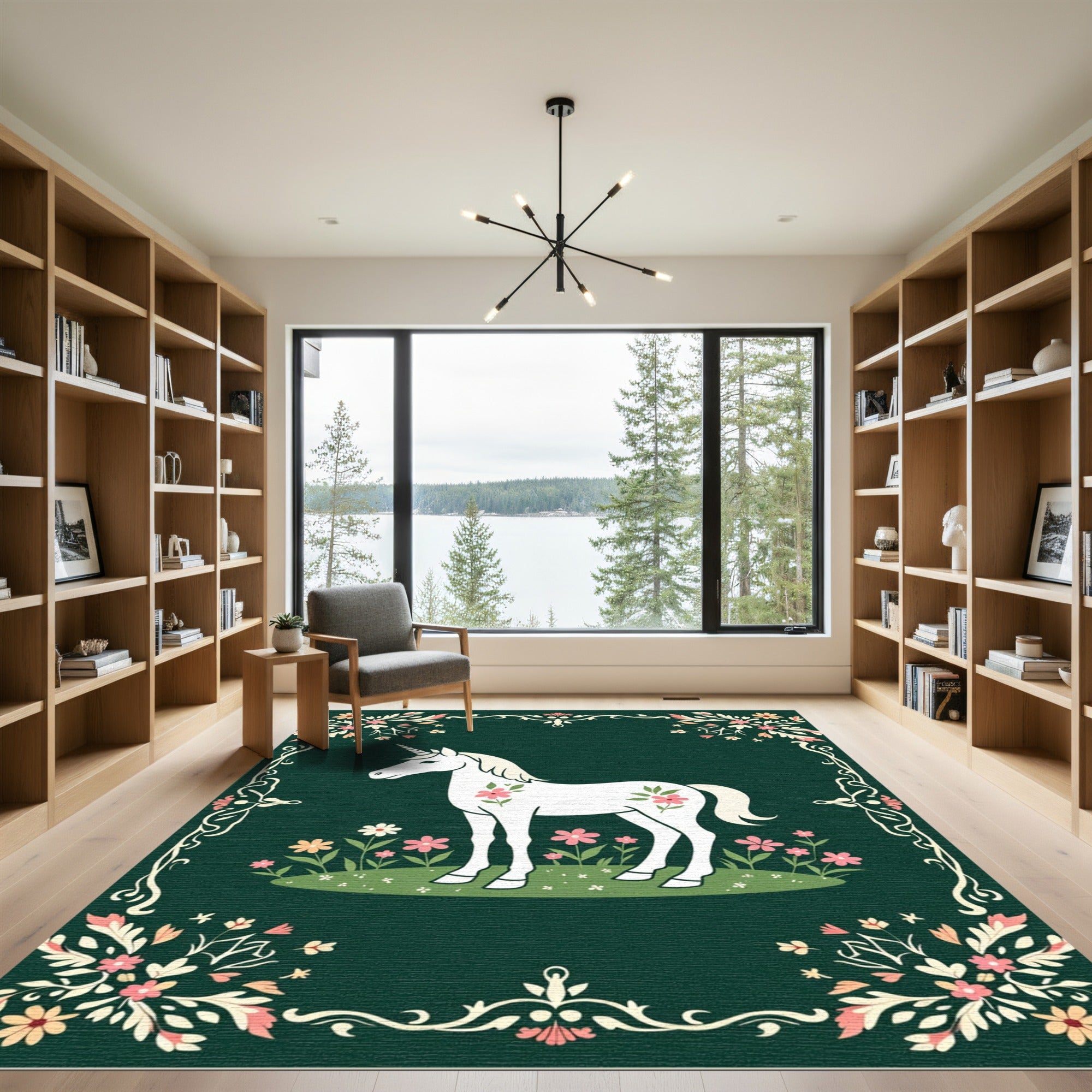 Whimsical Unicorn Floral Emerald Meadow Rug