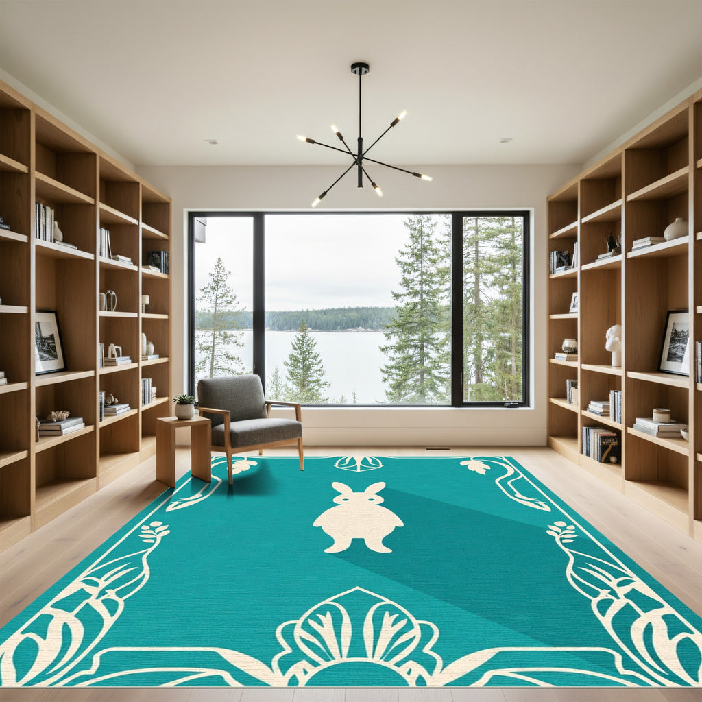 Teal White Silhouette Bunny Floral Border Rug